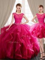 High Class Three Piece Hot Pink Lace Up Scoop Beading and Appliques and Ruffles Sweet 16 Dress Tulle Cap Sleeves Brush Train