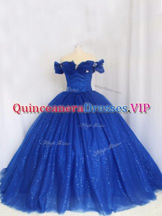 New Style Royal Blue Ball Gowns Off The Shoulder Cap Sleeves Tulle Floor Length Lace Up Hand Made Flower Military Ball Gown