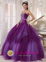 Newbury Berkshire Tulle Beading and Bowknot For Elegant Strapless Purple ruffled Quinceanera Dress