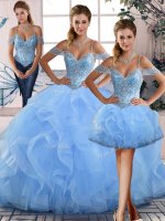 Free and Easy Blue Sleeveless Beading and Ruffles Floor Length 15th Birthday Dress