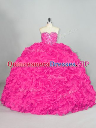 Super Brush Train Ball Gowns Ball Gown Prom Dress Hot Pink Sweetheart Organza Sleeveless Lace Up