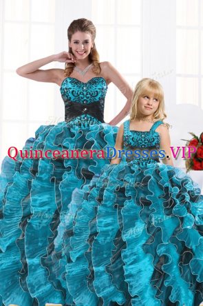 Organza Sweetheart Sleeveless Lace Up Beading and Appliques and Ruffles Quinceanera Dress in Aqua Blue