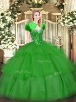 Tulle Sleeveless Floor Length Quince Ball Gowns and Beading and Ruffled Layers