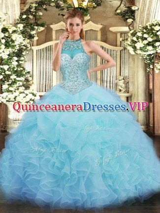 On Sale Aqua Blue Halter Top Neckline Beading and Ruffles and Pick Ups Quinceanera Gown Sleeveless Lace Up