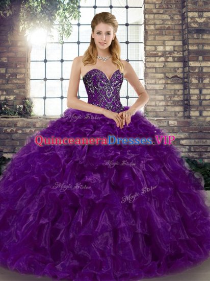 Customized Purple Ball Gowns Sweetheart Sleeveless Organza Floor Length Lace Up Beading and Ruffles 15 Quinceanera Dress - Click Image to Close