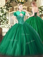 Dark Green Ball Gowns Tulle Sweetheart Sleeveless Beading Floor Length Lace Up Vestidos de Quinceanera