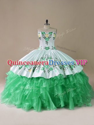 Embroidery Ball Gown Prom Dress Green Lace Up Sleeveless Brush Train