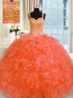 Flirting Orange Red 15th Birthday Dress Military Ball and Sweet 16 and Quinceanera with Embroidery and Ruffles Straps Sleeveless Lace Up