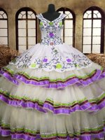 Fashionable Embroidery Ruffled Layers Floor Length Multi-color 15th Birthday Dress V-neck Sleeveless Lace Up