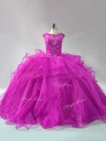 Vintage Scoop Long Sleeves Brush Train Lace Up Quinceanera Gowns Fuchsia Organza