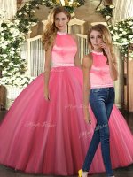 Coral Red Tulle Backless Halter Top Sleeveless Floor Length 15th Birthday Dress Beading