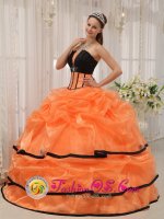 Chuquicamata Chile Pretty Black and orange Quinceanera Dress For Summer Strapless Satin and Organza With Beading Ball Gown