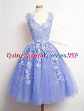 A-line Quinceanera Court of Honor Dress Lavender V-neck Tulle Sleeveless Knee Length Lace Up