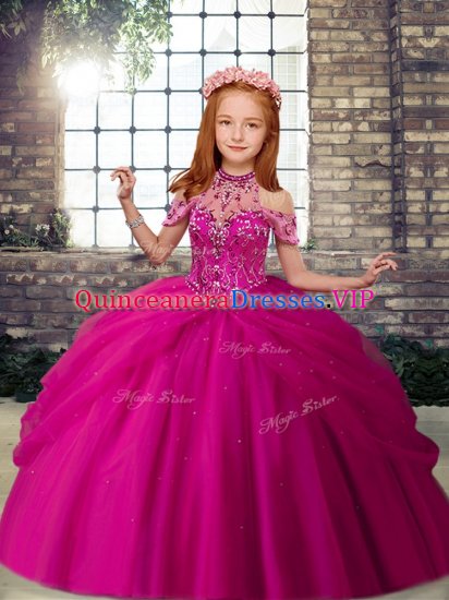 Floor Length Lace Up Little Girls Pageant Gowns Fuchsia for Party and Wedding Party with Beading - Click Image to Close