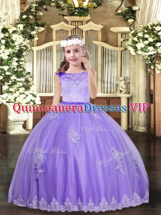 Custom Made Floor Length Zipper Kids Formal Wear Lavender for Party and Sweet 16 and Wedding Party with Lace and Appliques