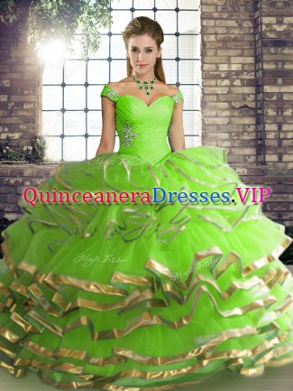 Ball Gowns Tulle Off The Shoulder Sleeveless Beading and Ruffled Layers Floor Length Lace Up Sweet 16 Dresses