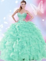 Chic Floor Length Apple Green Sweet 16 Dresses Organza Sleeveless Beading and Ruffles