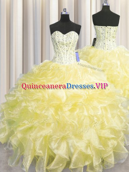 Visible Boning Zipper Up Ball Gowns Ball Gown Prom Dress Light Yellow Sweetheart Organza Sleeveless Floor Length Zipper - Click Image to Close