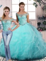 Inexpensive Two Pieces Quinceanera Dresses Aqua Blue Off The Shoulder Tulle Sleeveless Floor Length Lace Up