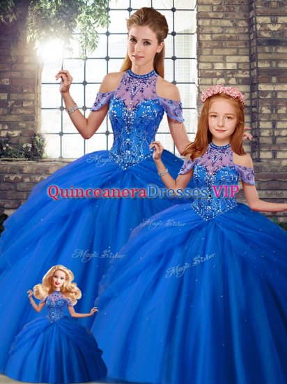 Custom Made Tulle Halter Top Sleeveless Brush Train Lace Up Beading and Pick Ups Vestidos de Quinceanera in Blue - Click Image to Close