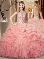 Captivating Scoop Sleeveless Quinceanera Gown Floor Length Beading and Ruffles Peach Organza