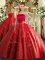 Custom Design Tulle Strapless Sleeveless Lace Up Appliques Quince Ball Gowns in Red