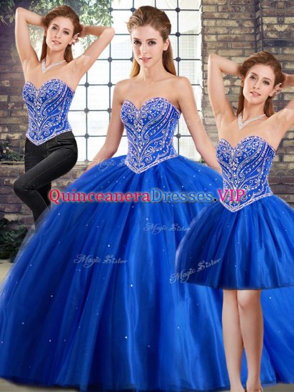 Best Selling Blue Tulle Lace Up Quinceanera Gowns Sleeveless Brush Train Beading - Click Image to Close