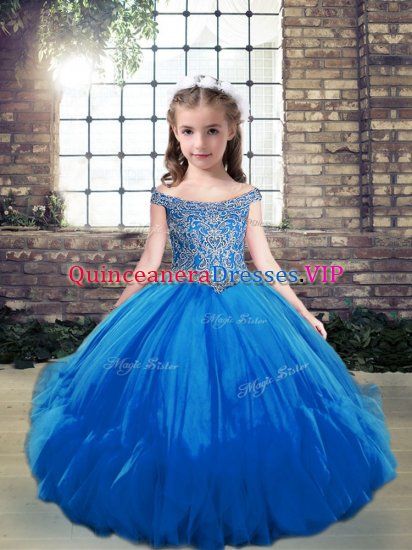 Blue Ball Gowns Beading Pageant Gowns For Girls Lace Up Tulle Sleeveless Floor Length - Click Image to Close