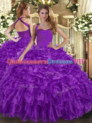 Floor Length Purple Military Ball Dresses For Women Halter Top Sleeveless Lace Up