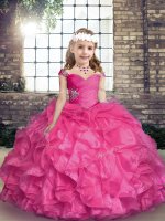 Floor Length Lace Up Kids Formal Wear Hot Pink for Party and Sweet 16 and Wedding Party with Beading and Ruffles