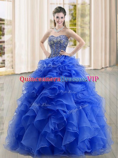 Latest Blue Lace Up Quince Ball Gowns Beading and Ruffles Sleeveless Floor Length - Click Image to Close