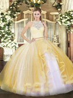 Stunning Tulle Sleeveless Floor Length Sweet 16 Dress and Lace and Ruffles