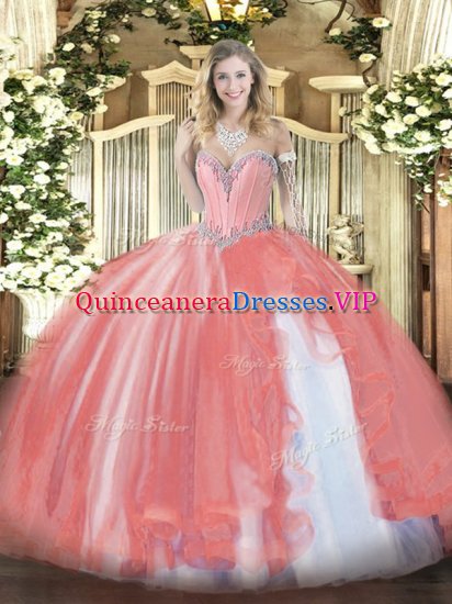 Great Floor Length Coral Red Vestidos de Quinceanera Sweetheart Sleeveless Lace Up - Click Image to Close