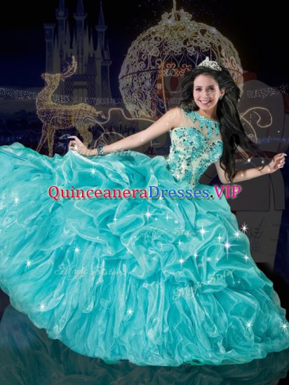 Latest Aqua Blue Bateau Neckline Beading and Appliques and Pick Ups Vestidos de Quinceanera Sleeveless Lace Up - Click Image to Close