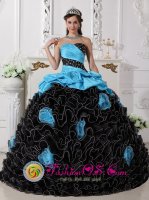 Temecula California/CA Beaded Decorate and Hand Made Flowers Customize Black and Aque Blue Ruffles Quinceanera Gowns