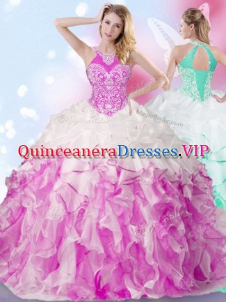 Sumptuous Halter Top Multi-color Organza Lace Up 15 Quinceanera Dress Sleeveless Floor Length Beading and Ruffles and Pick Ups