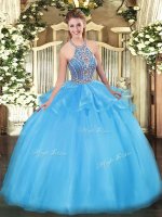 Charming Halter Top Sleeveless Tulle Quinceanera Gowns Beading and Ruffles Lace Up