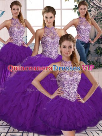 Inexpensive Purple Sleeveless Tulle Lace Up Quinceanera Dress for Military Ball and Sweet 16 and Quinceanera