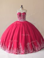 Perfect Tulle Sweetheart Sleeveless Lace Up Embroidery Sweet 16 Dress in Red