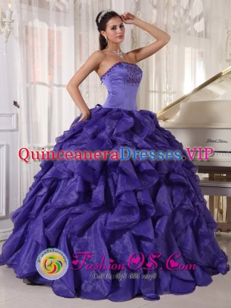 Plymouth Indiana/IN Beaded Bodice Low Price Purple Satin and Organza Quinceanera Dress