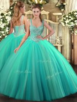 Lovely Turquoise V-neck Neckline Beading Quinceanera Dresses Sleeveless Lace Up(SKU SJQDDT1299002BIZ)