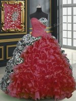 Shining Sweetheart Sleeveless Organza and Printed Quinceanera Dresses Beading and Ruffles and Pattern Brush Train Lace Up