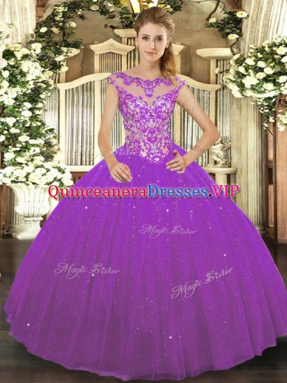 Comfortable Eggplant Purple Scoop Lace Up Beading and Appliques Quinceanera Gowns Sleeveless - Click Image to Close