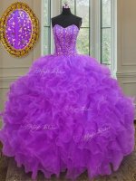 Purple Sleeveless Floor Length Beading and Ruffles Lace Up Quinceanera Dress