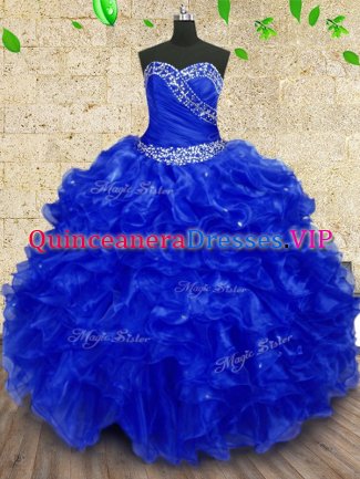 Fashionable Organza Sweetheart Sleeveless Lace Up Beading and Ruffles and Ruching Sweet 16 Dress in Royal Blue