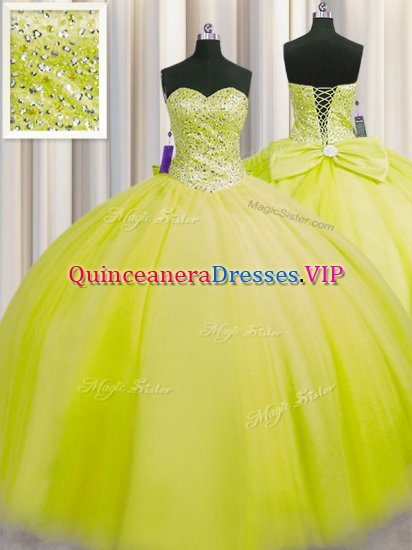 Really Puffy Yellow Green Tulle Lace Up Quinceanera Dress Sleeveless Floor Length Beading - Click Image to Close