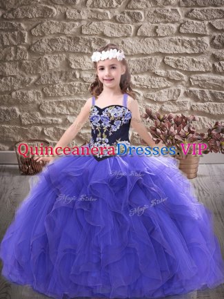 Purple Lace Up Straps Embroidery and Ruffles Girls Pageant Dresses Tulle Sleeveless