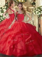 Red Tulle Lace Up Quinceanera Dresses Sleeveless Floor Length Ruffles