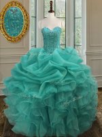 Turquoise Lace Up Sweetheart Beading and Ruffles and Pick Ups Sweet 16 Dress Organza Sleeveless(SKU PSSW009BIZ)