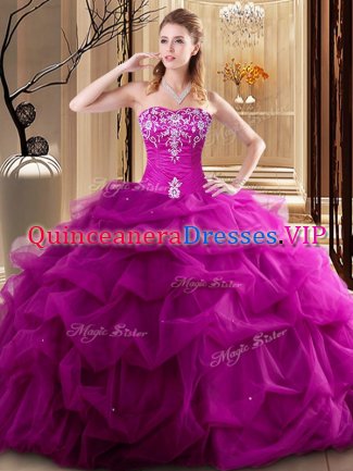 Dramatic Sleeveless Floor Length Embroidery and Pick Ups Lace Up Vestidos de Quinceanera with Fuchsia